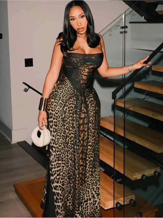 Dresses & Skirts - Leopard Print Mesh Panel Evening Dress - Black/Tan